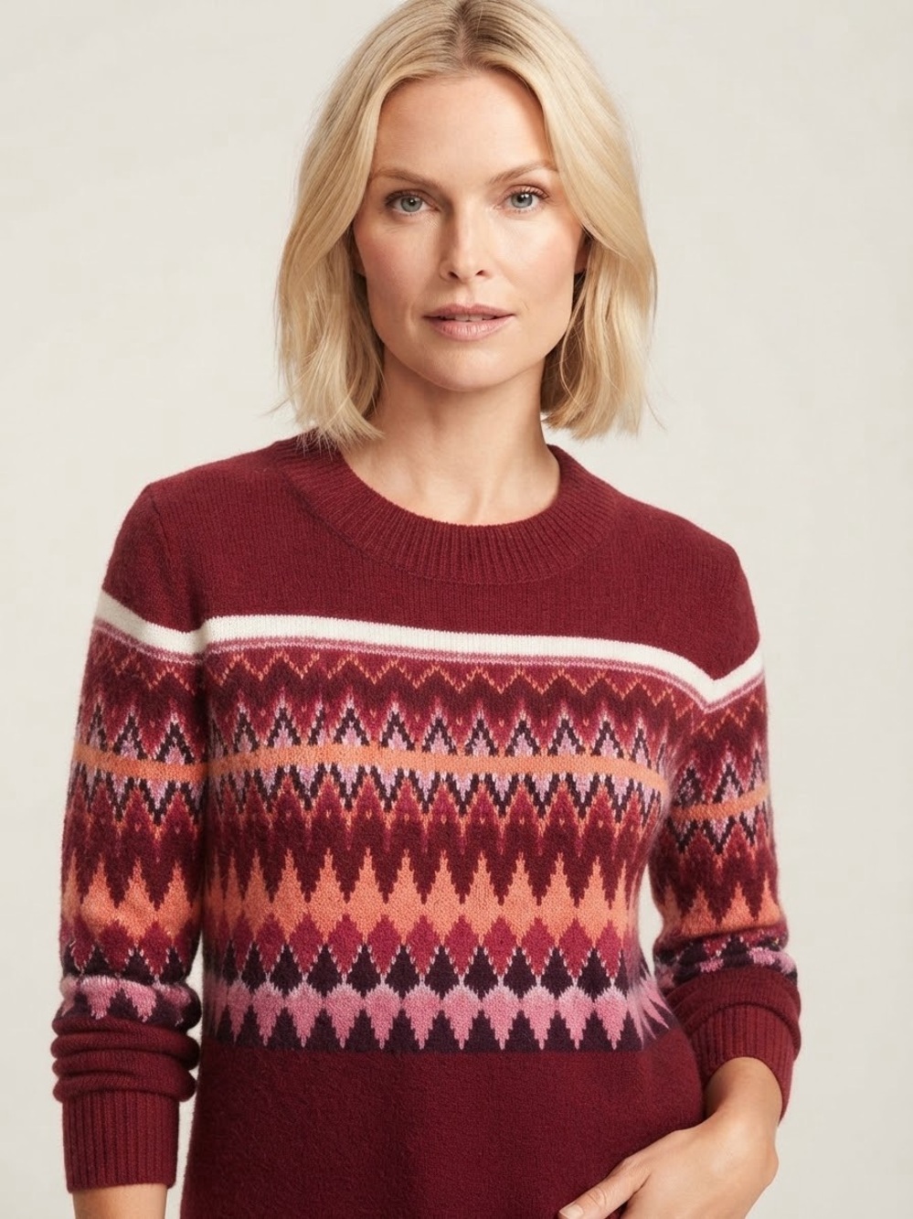 LOFT Burgundy Fair Isle Crewneck Sweater with Pink & Peach Accents Size Medium
